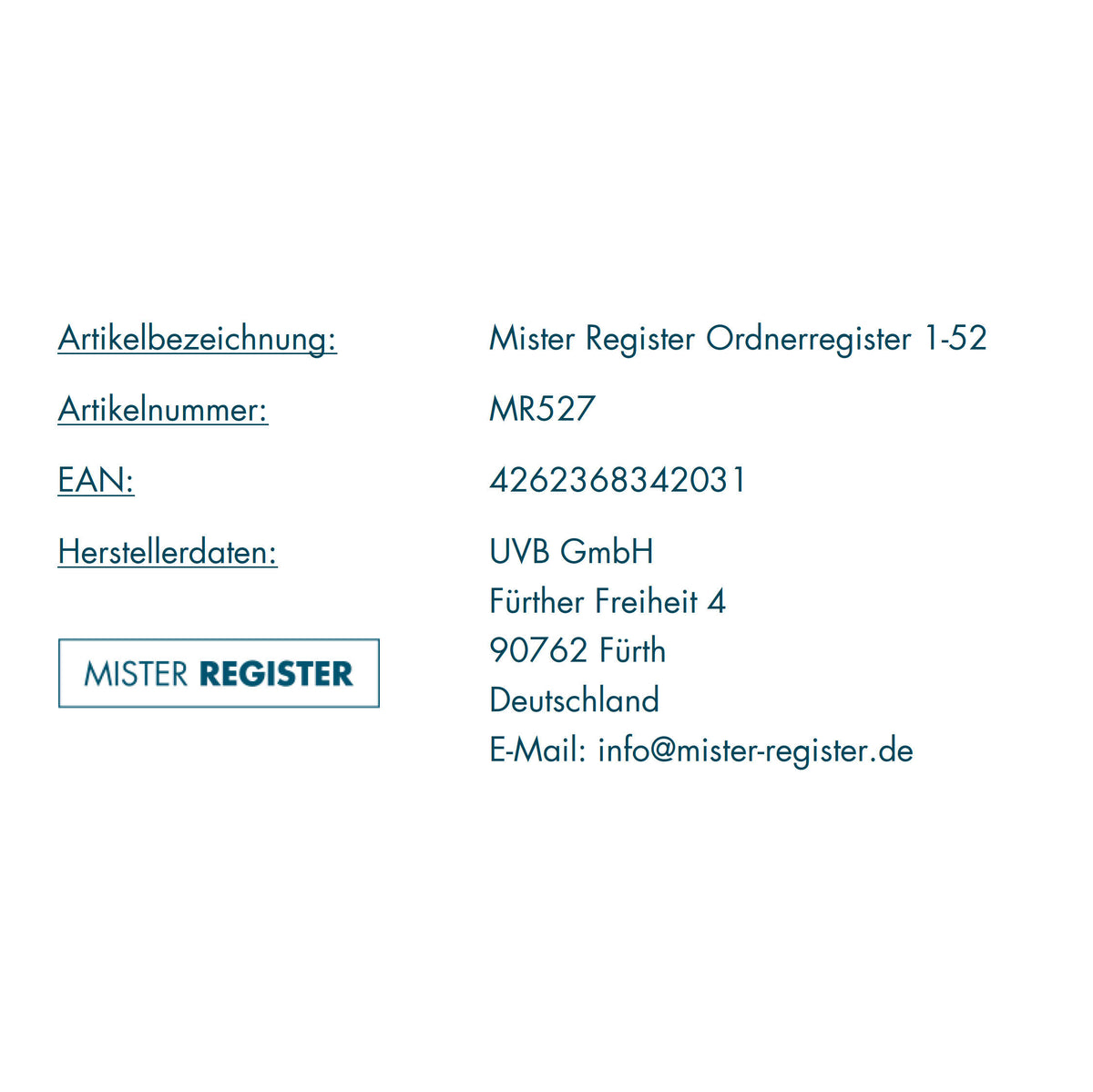 Mister Register Ordnerregister 1-52, neutral, ohne Deckblatt