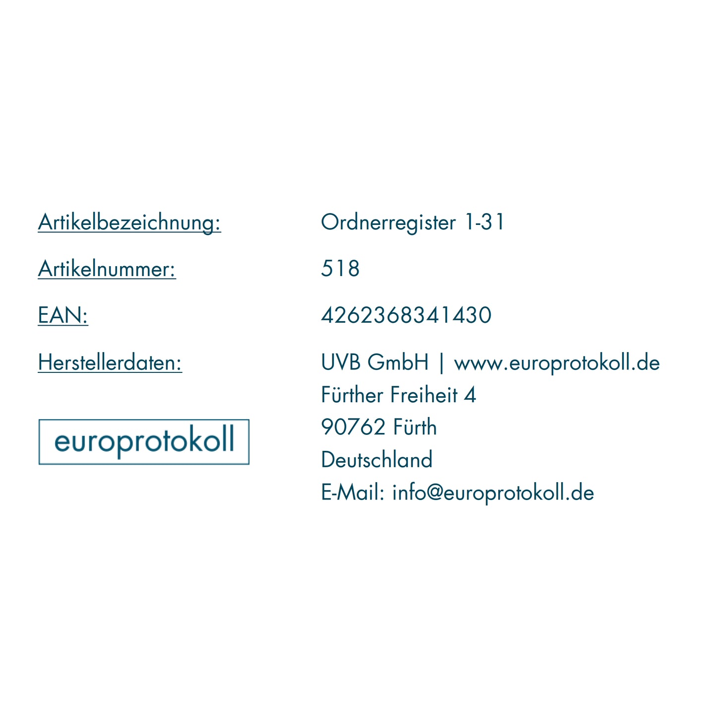 Ordnerregister 1-31, neutral, ohne Deckblatt