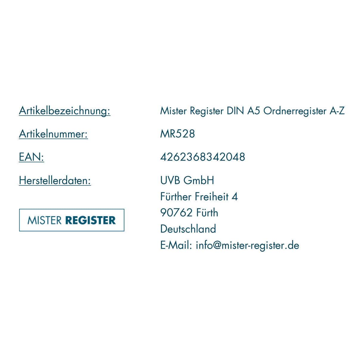 Mister Register DIN A5 Ordnerregister A-Z, 20-teilig, lichtgrau