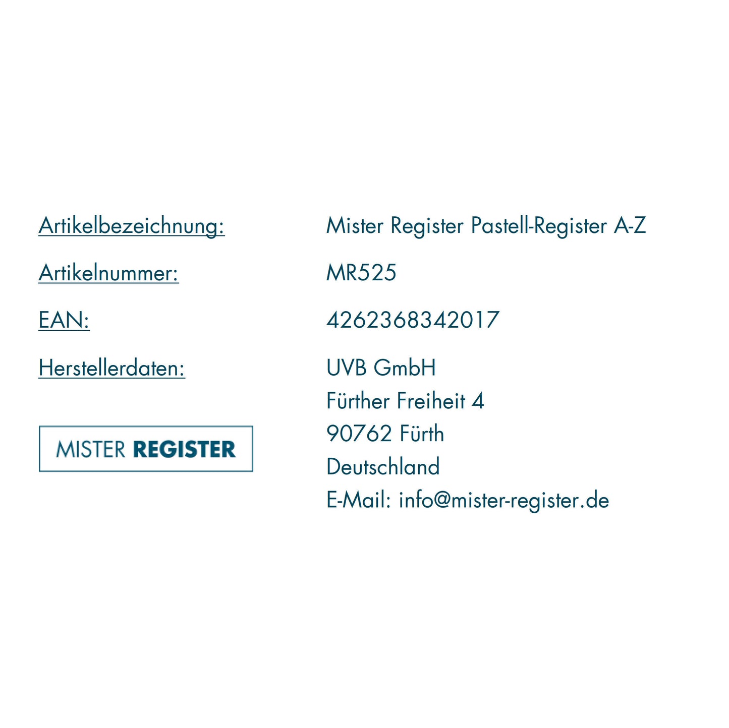 Mister Register Pastell-Register A-Z, 20-teilig, bunt