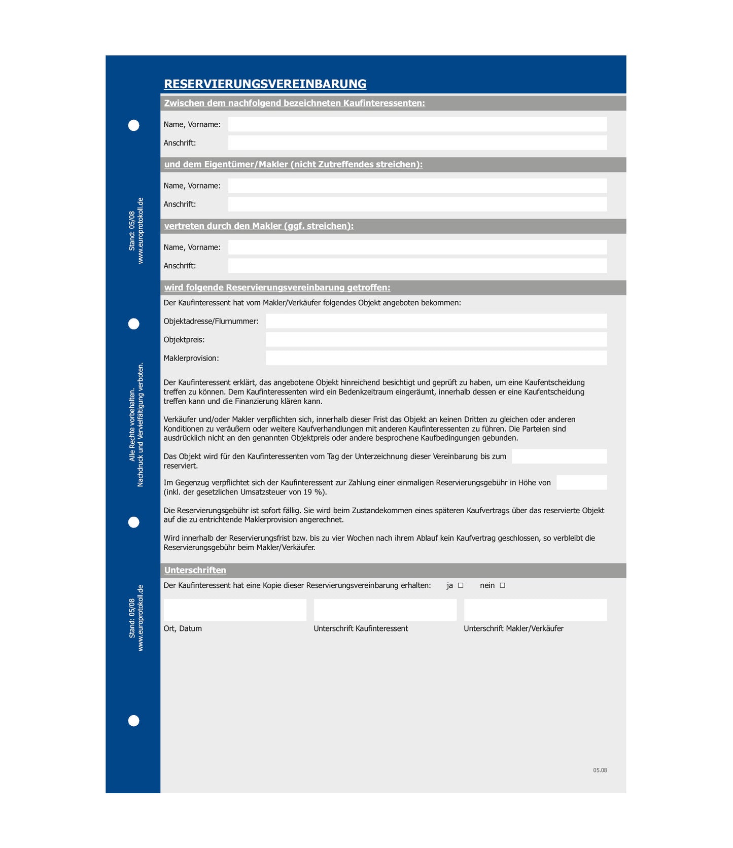 Reservierungsvereinbarung